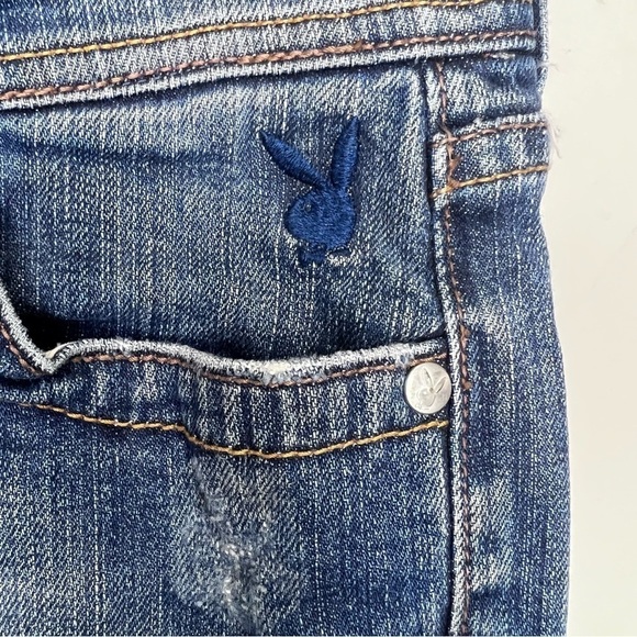 Y2K Vintage Playboy Denim Capris Button Detail Casual Denim Cropped Distressed - Picture 8 of 14